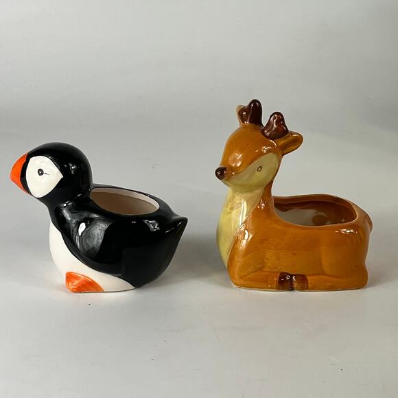 4 Figural Small Planters Deer Puffin Bird Frog Strawberry Desk Mini Collection - Picture 4 of 16